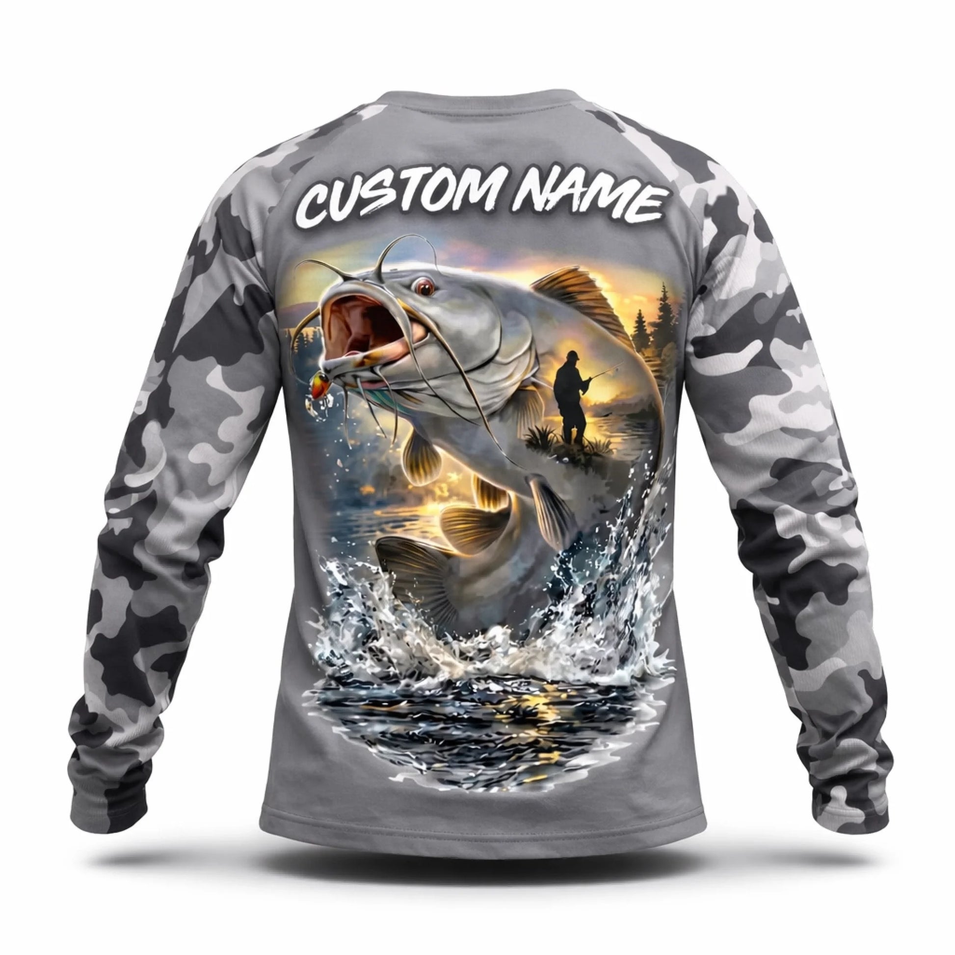 Catfish Fishing Shirt – Custom Name Men's UPF 50+ Long Sleeve Camo Sun Protection