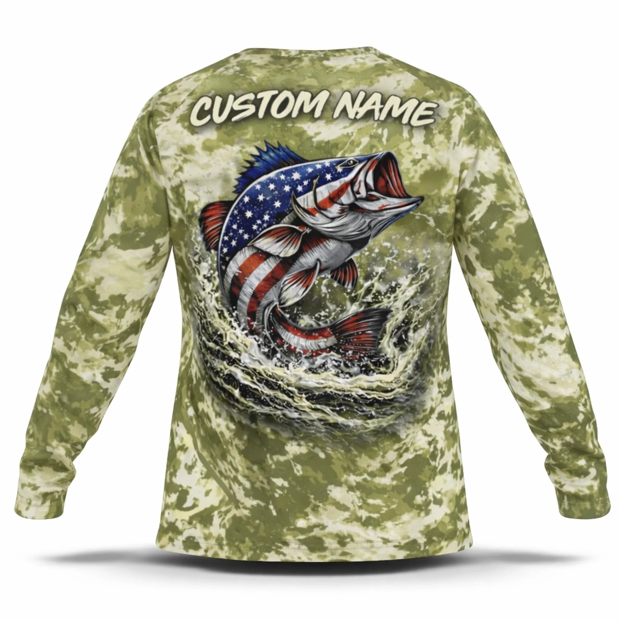 American Flag Bass Fishing Shirt – Custom Name Men's UPF 50+ Long Sleeve Camo Sun Protection back
