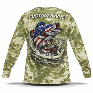 American Flag Bass Fishing Shirt – Custom Name Men's UPF 50+ Long Sleeve Camo Sun Protection back