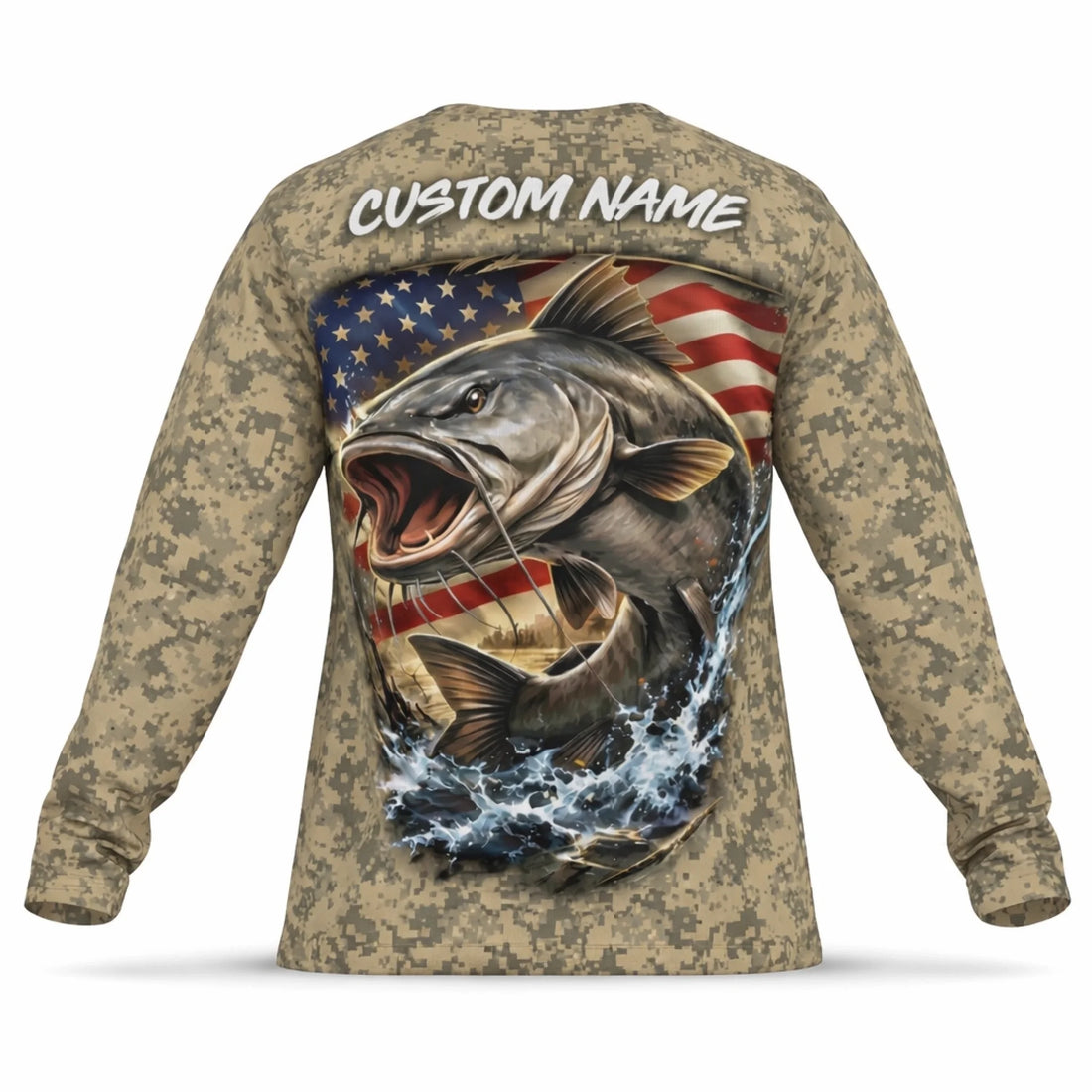 American Flag Catfish Fishing Shirt – Custom Name Men's UPF 50+ Long Sleeve Sun Protection 3