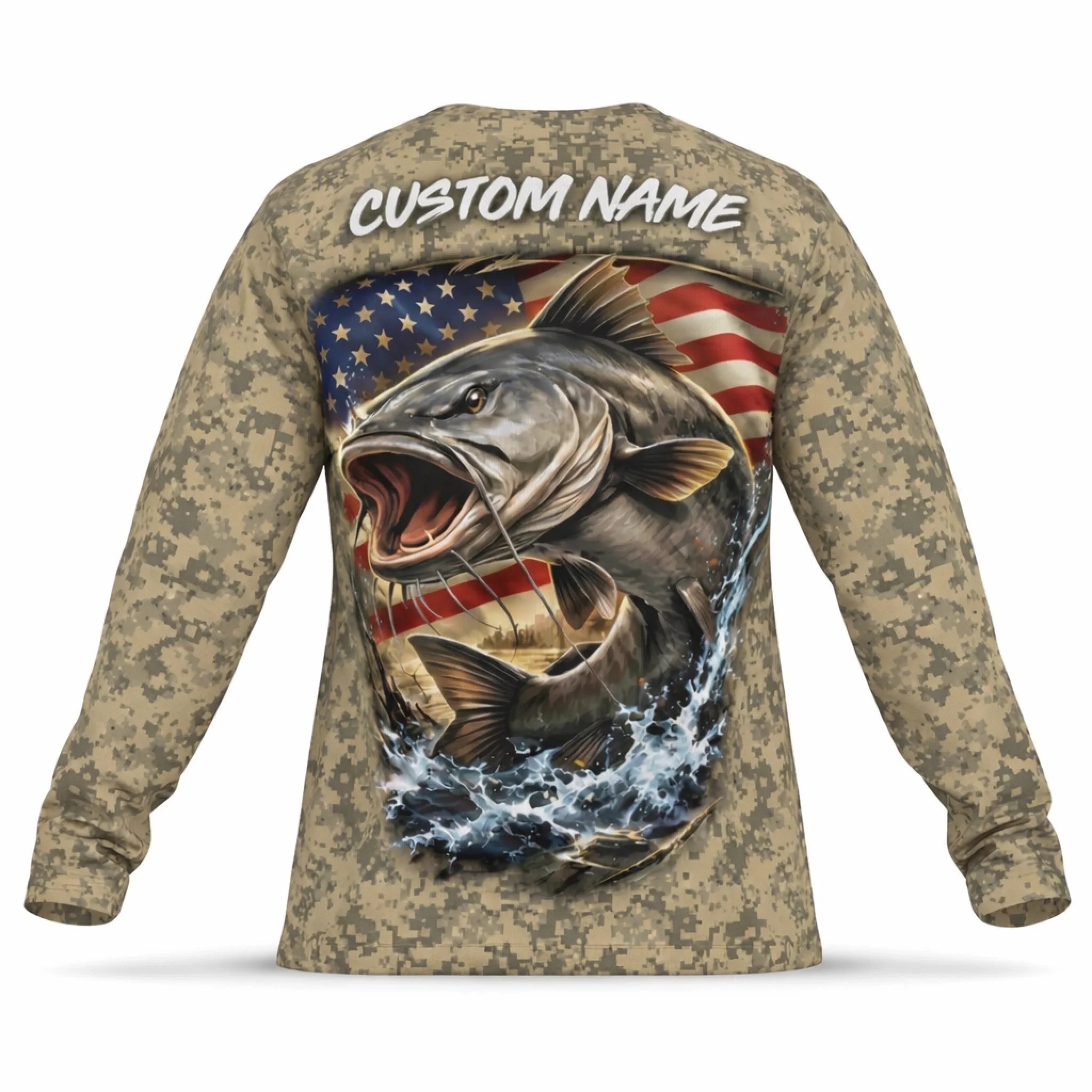 American Flag Catfish Fishing Shirt – Custom Name Men's UPF 50+ Long Sleeve Sun Protection 3