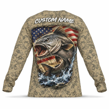 American Flag Catfish Fishing Shirt – Custom Name Men's UPF 50+ Long Sleeve Sun Protection 3