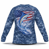 American Flag Blue Marlin Fishing Shirt – Custom Name Men's UPF 50+ Long Sleeve Sun Protection 2