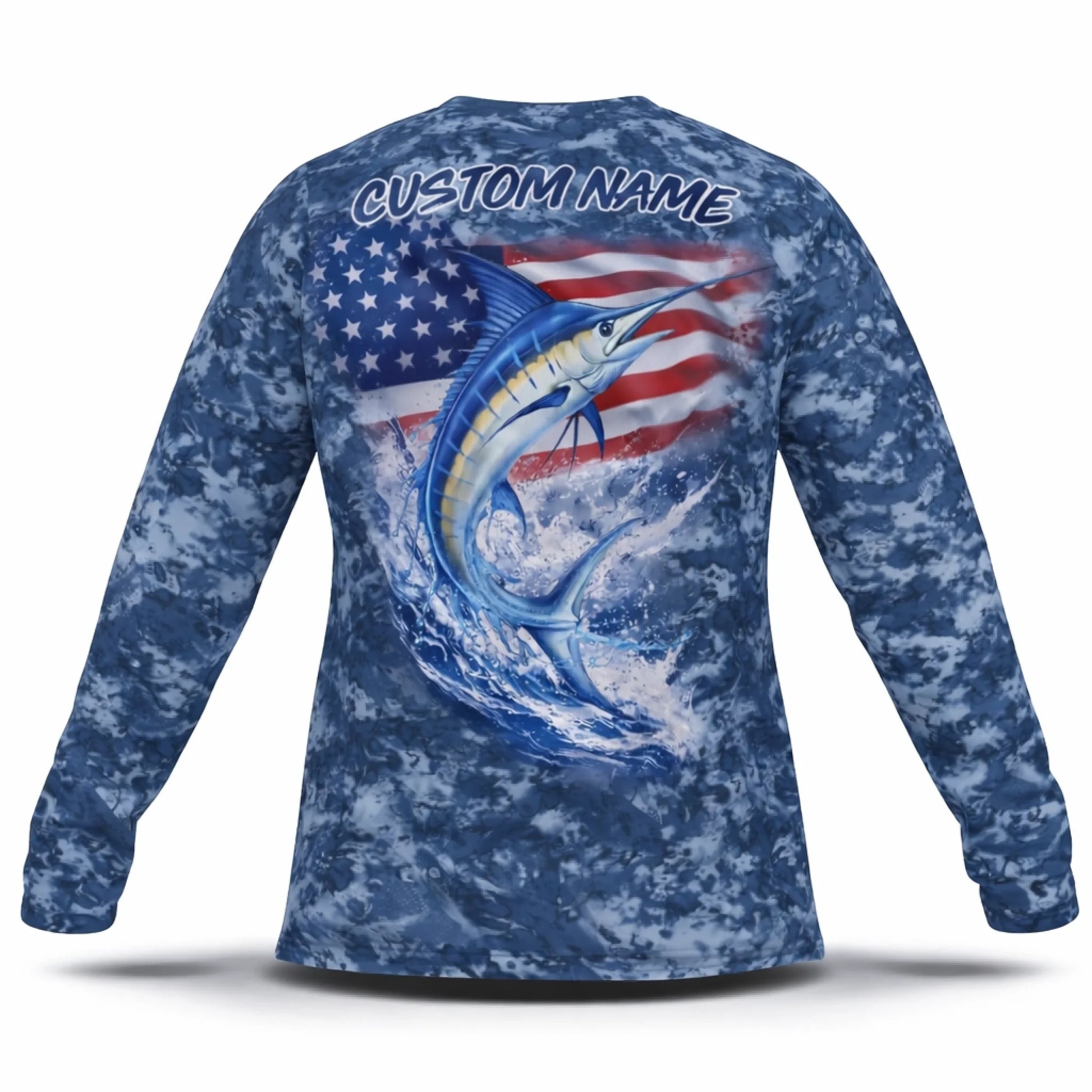 American Flag Blue Marlin Fishing Shirt – Custom Name Men's UPF 50+ Long Sleeve Sun Protection 2