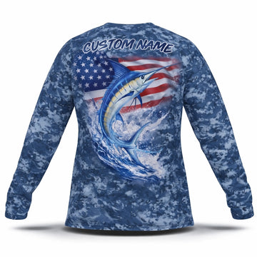 American Flag Blue Marlin Fishing Shirt – Custom Name Men's UPF 50+ Long Sleeve Sun Protection 2
