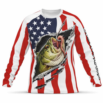 American Flag Largemouth Bass Fishing Shirt – Custom Name Men’s UPF 50+ Long Sleeve Sun Protection HL25 1