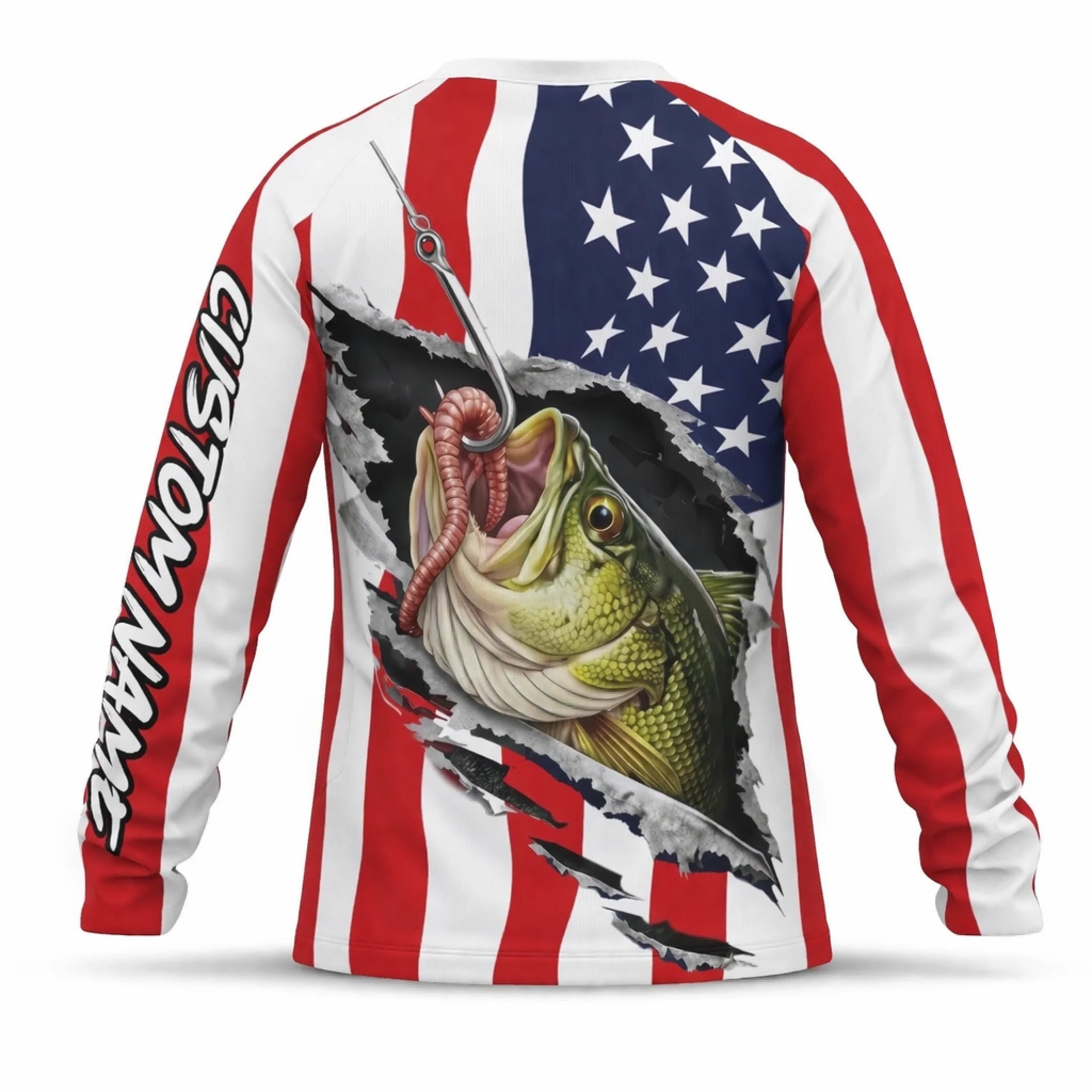 American Flag Largemouth Bass Fishing Shirt – Custom Name Men’s UPF 50+ Long Sleeve Sun Protection HL25