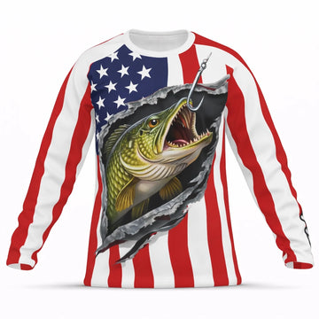 American Flag Northern Pike Fishing Shirt for Men – Custom Name UPF 50+ Long Sleeve Sun Protection HL27 3