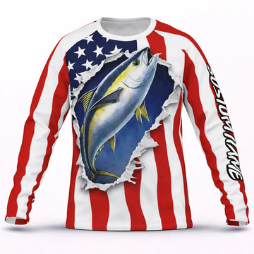 American Flag Yellowfin Tuna Fishing Shirt – Custom Name Men’s UPF 50+ Long Sleeve Sun Protection HL35 1