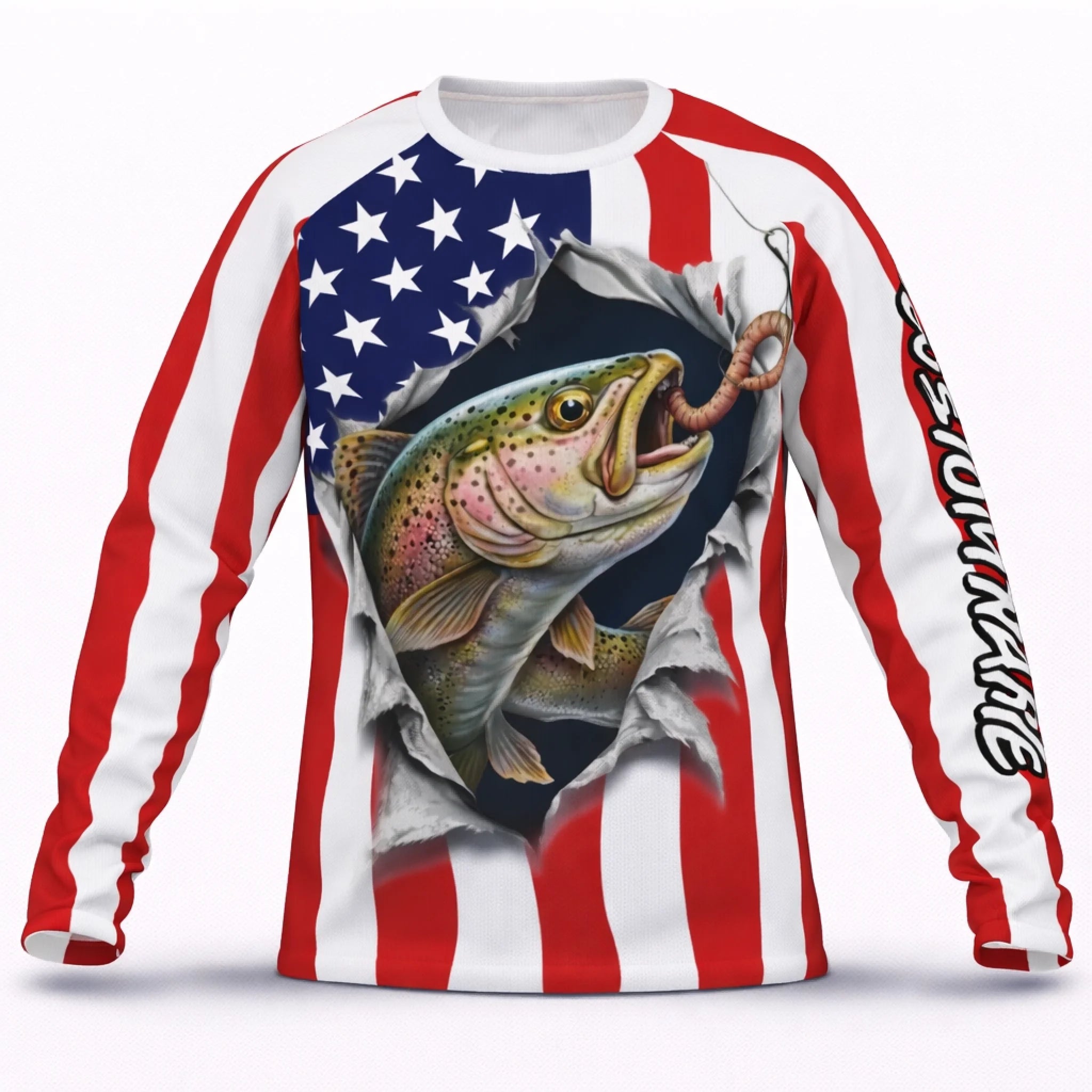 American Flag Rainbow Trout Fishing Shirt – Custom Name Men’s UPF 50+ Long Sleeve Sun Protection HL37 4
