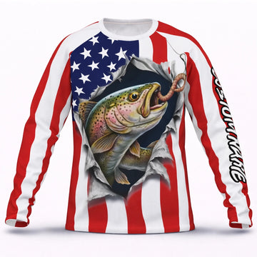 American Flag Rainbow Trout Fishing Shirt – Custom Name Men’s UPF 50+ Long Sleeve Sun Protection HL37 4