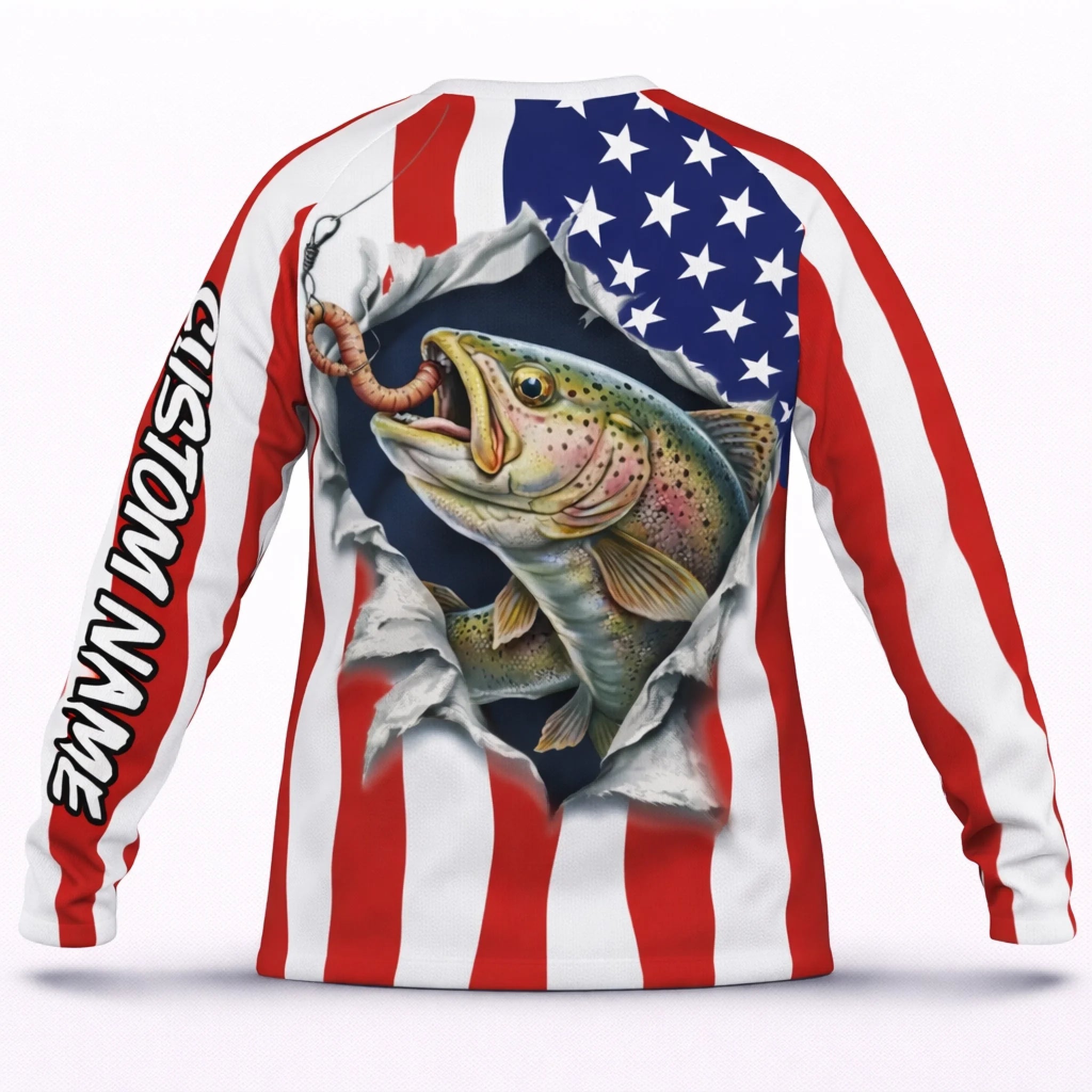 American Flag Rainbow Trout Fishing Shirt – Custom Name Men’s UPF 50+ Long Sleeve Sun Protection HL37 1