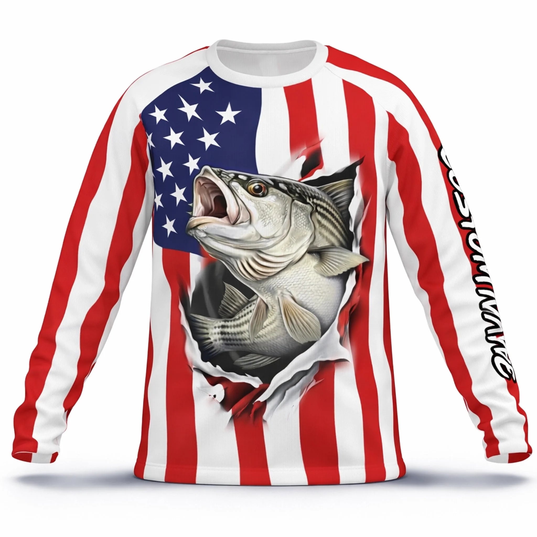 American Flag Striped Bass Fishing Shirt – Custom Name Men’s UPF 50+ Long Sleeve Sun Protection HL41 1