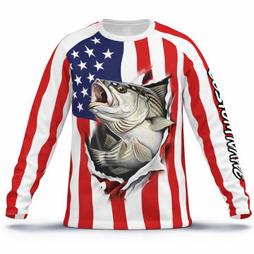 American Flag Striped Bass Fishing Shirt – Custom Name Men’s UPF 50+ Long Sleeve Sun Protection HL41 1