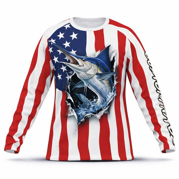 American Flag Blue Marlin Fishing Shirt – Custom Name Men’s UPF 50+ Long Sleeve Sun Protection HL46 2