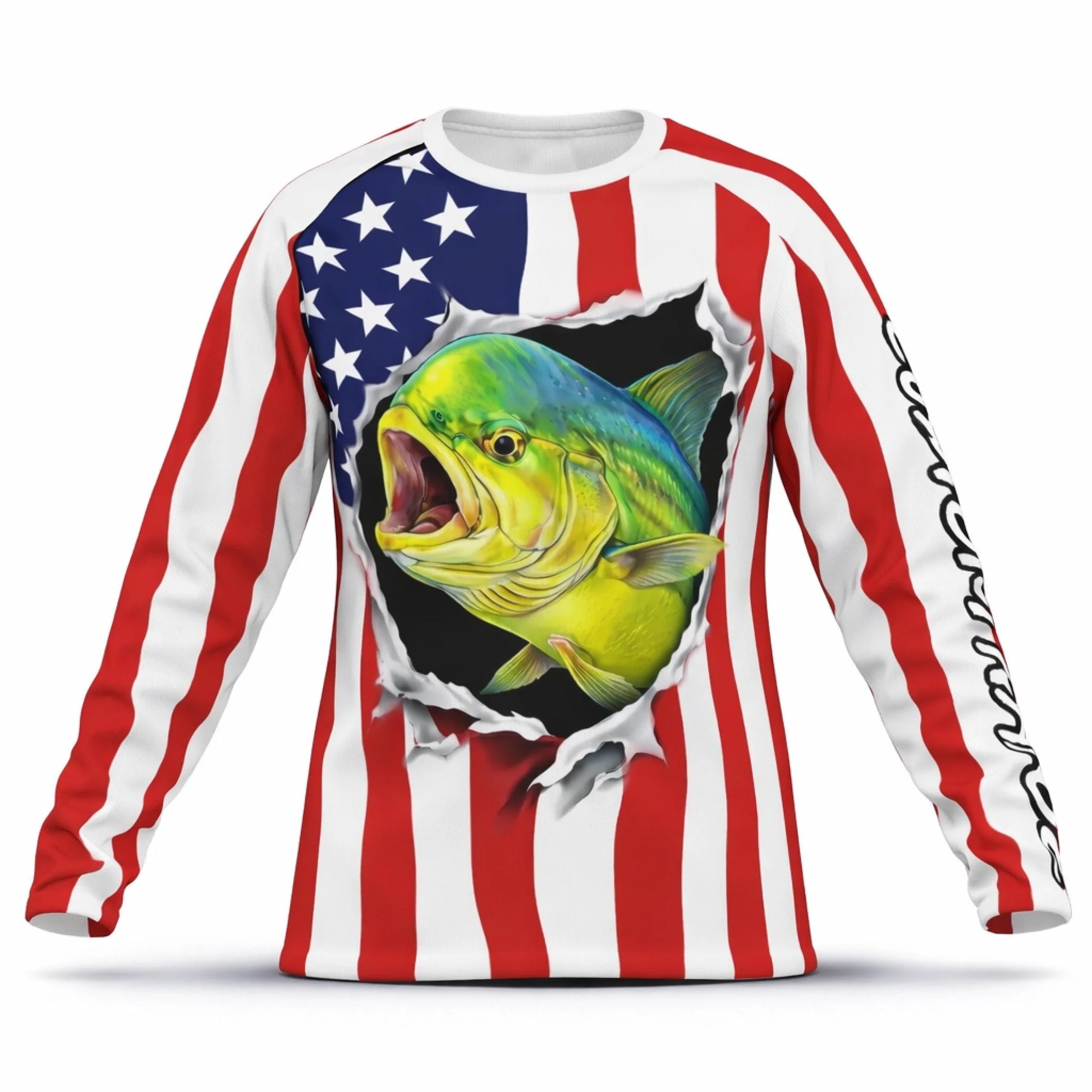 American Flag Mahi Mahi Fishing Shirt – Custom Name Men’s UPF 50+ Long Sleeve Sun Protection HL48 1