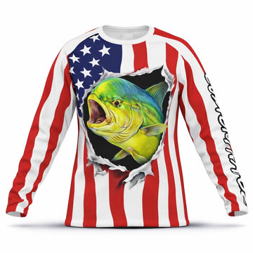 American Flag Mahi Mahi Fishing Shirt – Custom Name Men’s UPF 50+ Long Sleeve Sun Protection HL48 1