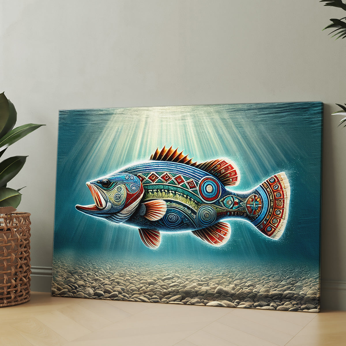 Bass in Tribal Tides Fish Art Bass Fishing Art Matte Canvas (1.25inch)
