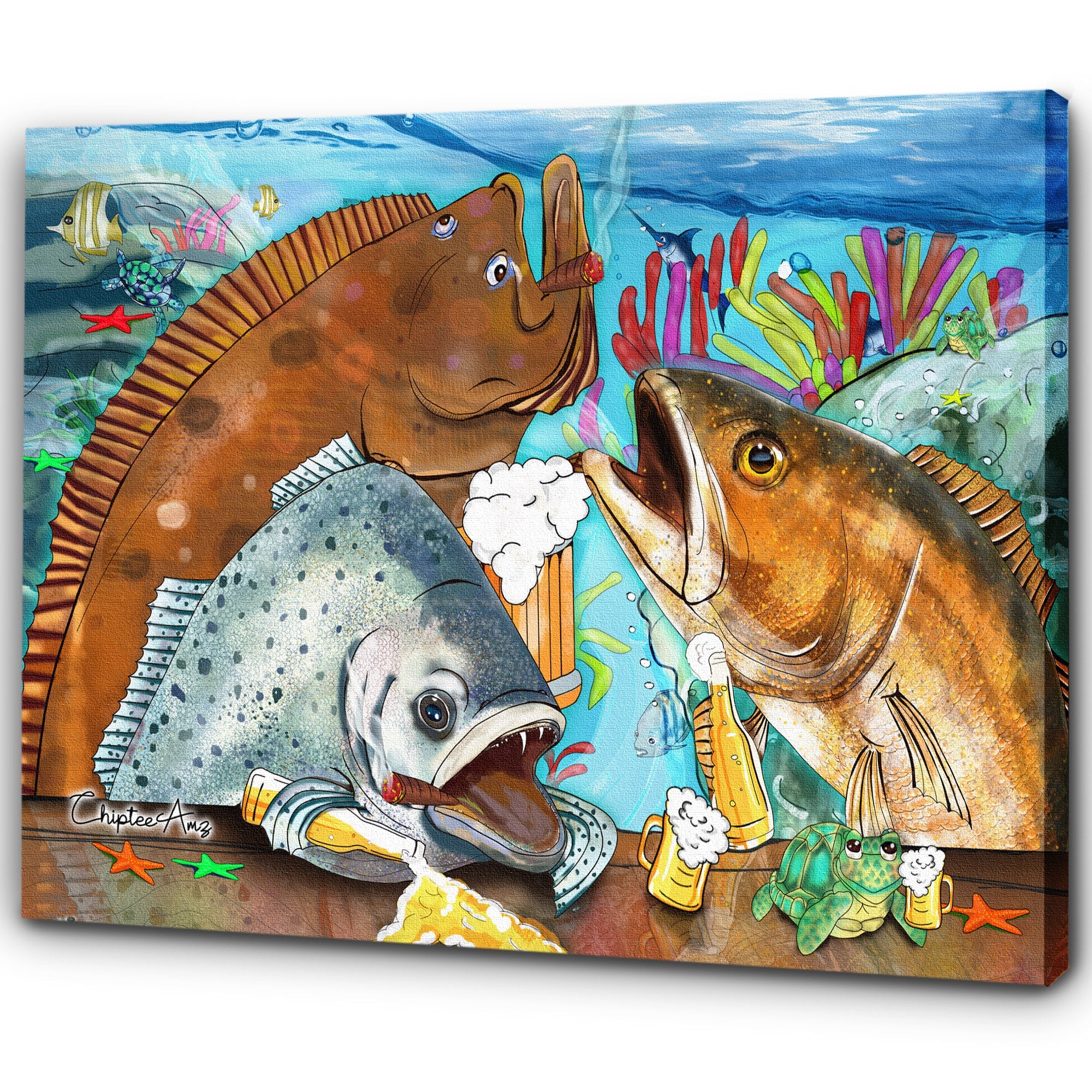 Texas Slam fishing art drink beer with fish art canvas