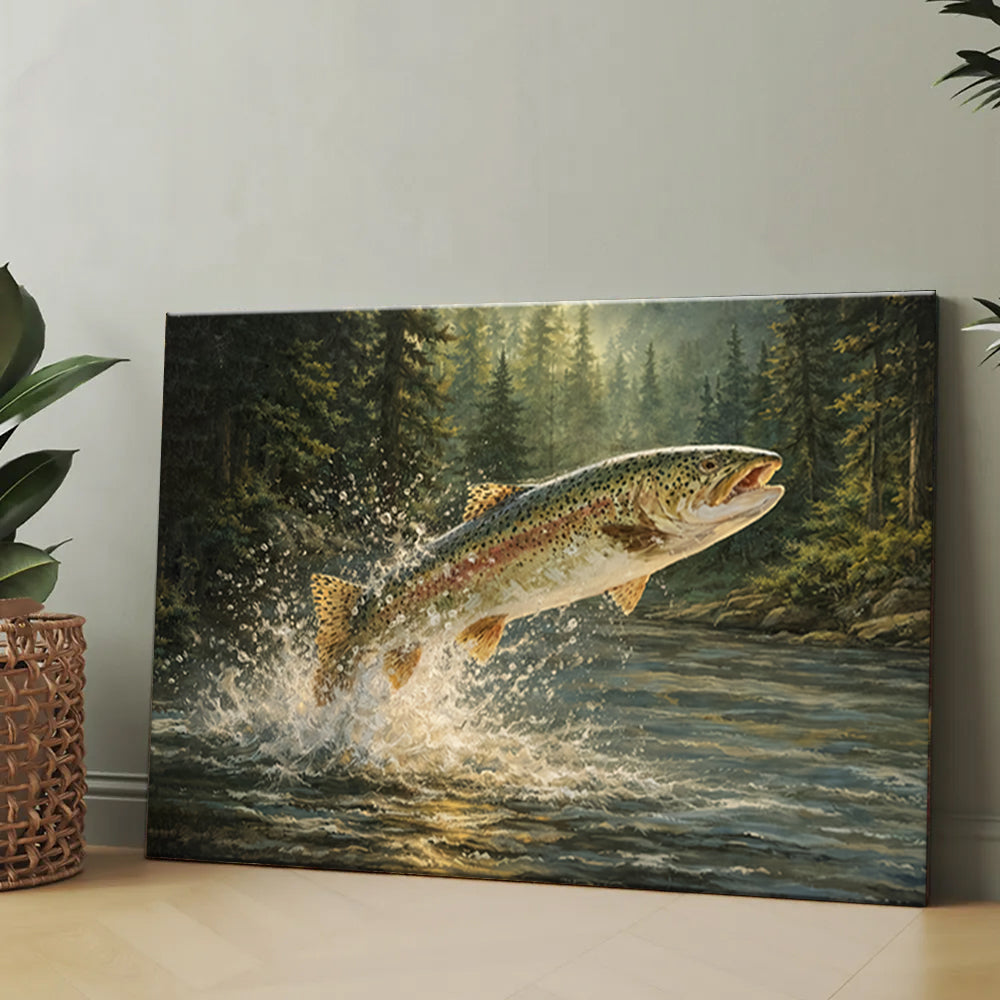 Trout Fishing Wall Art Canvas of Trout Fish Painting Print Man Cave Art Fishing Decor