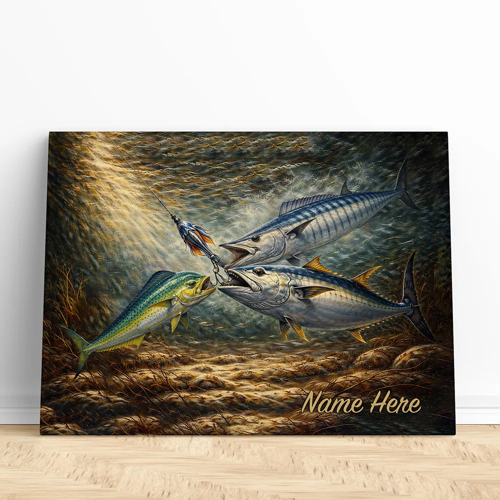 Alternative view of Underwater Battle for the Lure Fish Art – Mahi Mahi, Wahoo & Bluefin Tuna Painting Matte Canvas